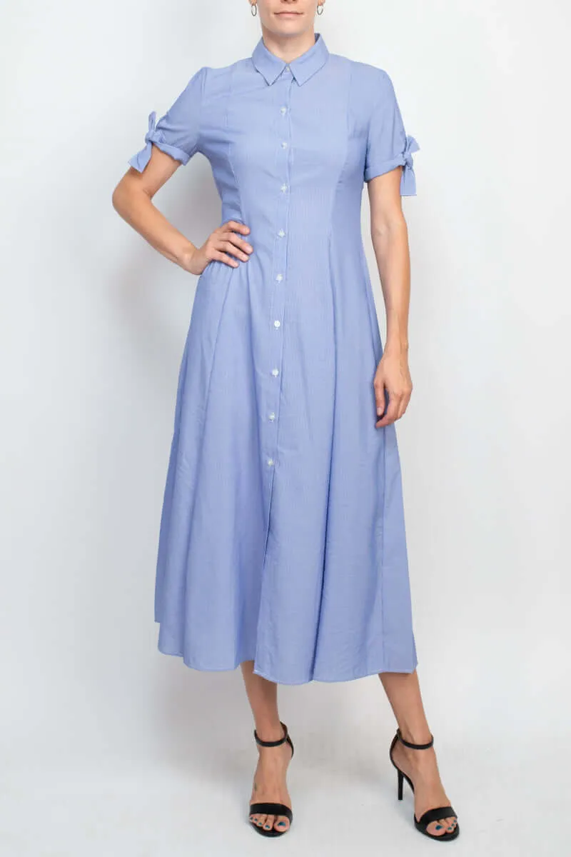 T Tahari Collared Button-down Short Sleeve Ties Stripe Pattern Fit Flare Rayon Dress