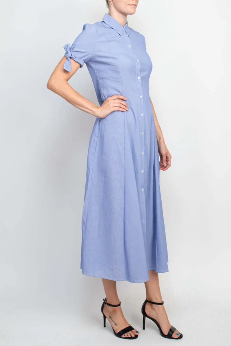 T Tahari Collared Button-down Short Sleeve Ties Stripe Pattern Fit Flare Rayon Dress