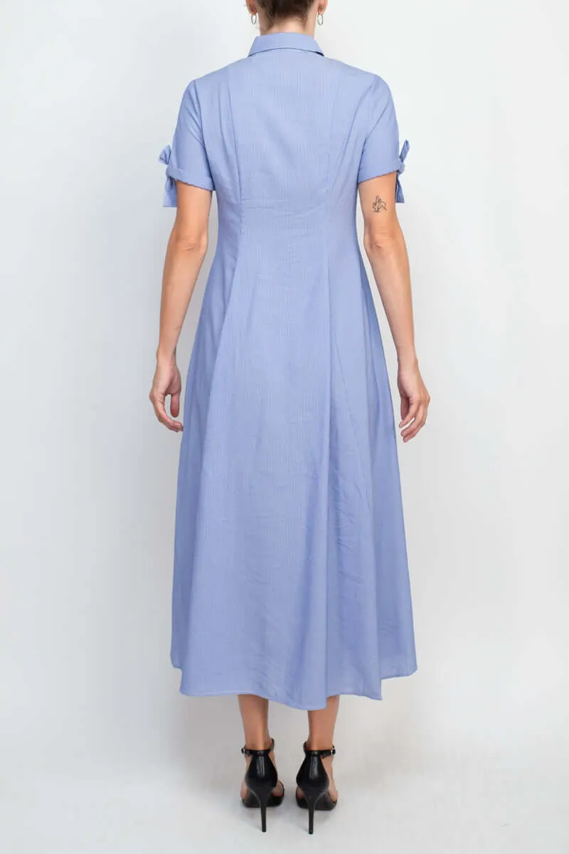 T Tahari Collared Button-down Short Sleeve Ties Stripe Pattern Fit Flare Rayon Dress