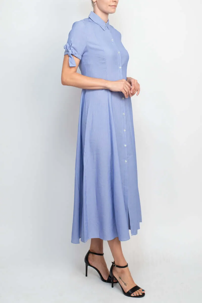 T Tahari Collared Button-down Short Sleeve Ties Stripe Pattern Fit Flare Rayon Dress