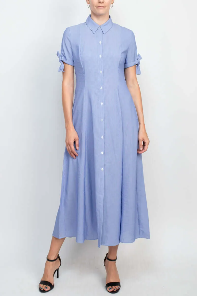 T Tahari Collared Button-down Short Sleeve Ties Stripe Pattern Fit Flare Rayon Dress