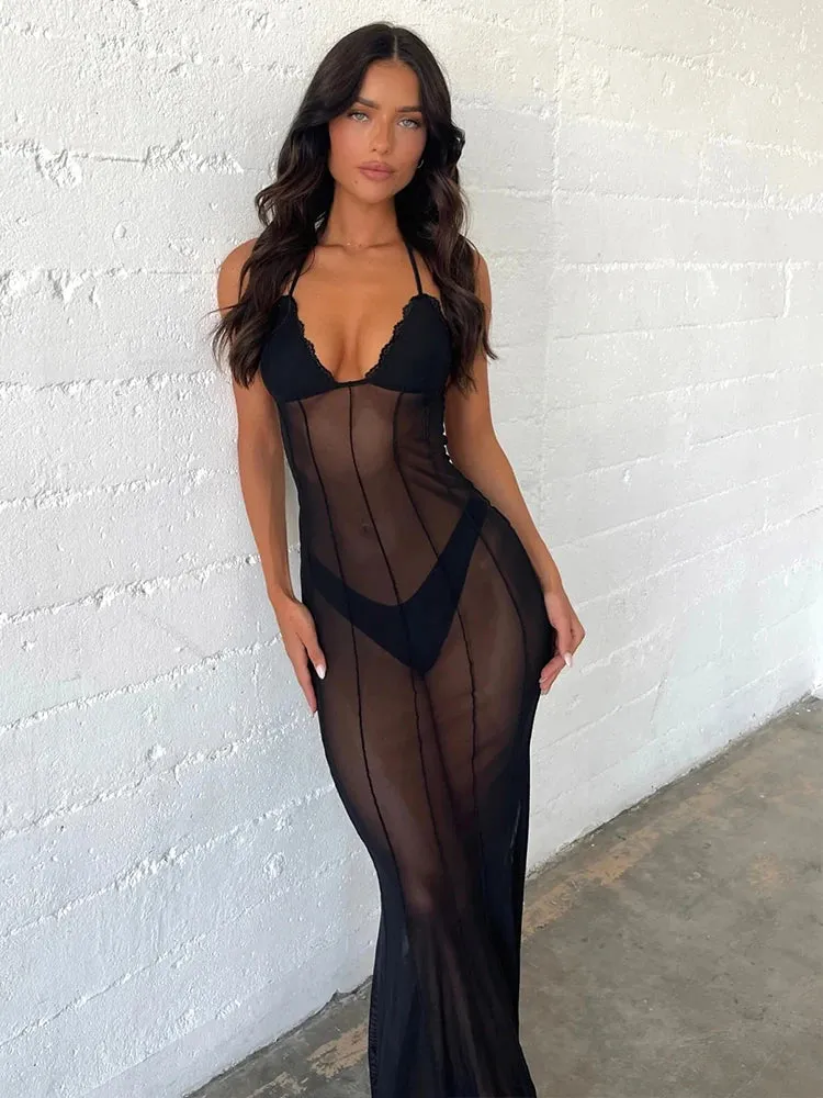 Townlike Perspective Mesh Elegant Maxi Long Dress Women Slim Bodycon 2023 Summer Dress Backless Nightclub Sexy Party Dresses