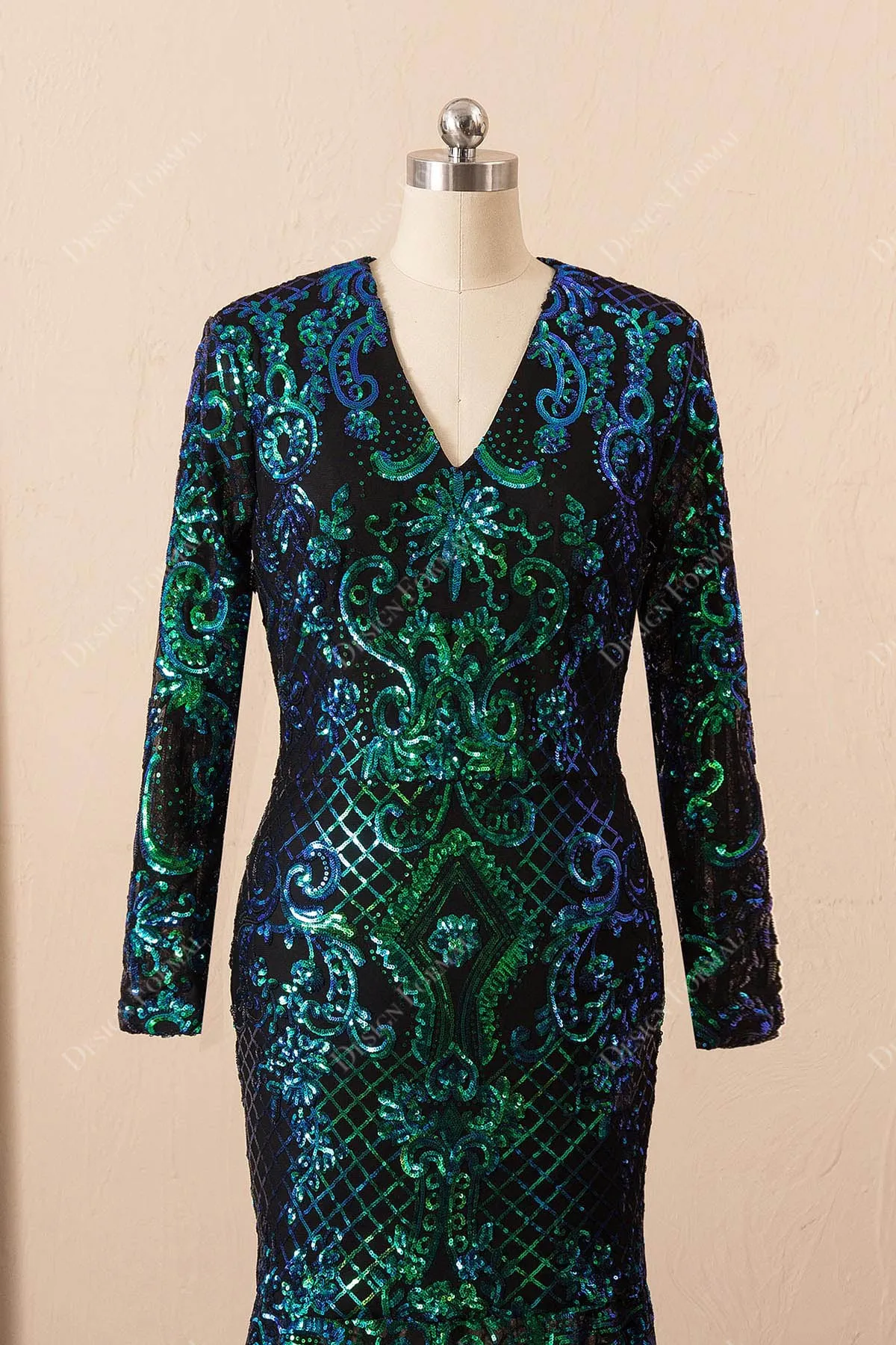 Unique Iridescent Green Sequin Long Sleeve Mermaid Prom Dress