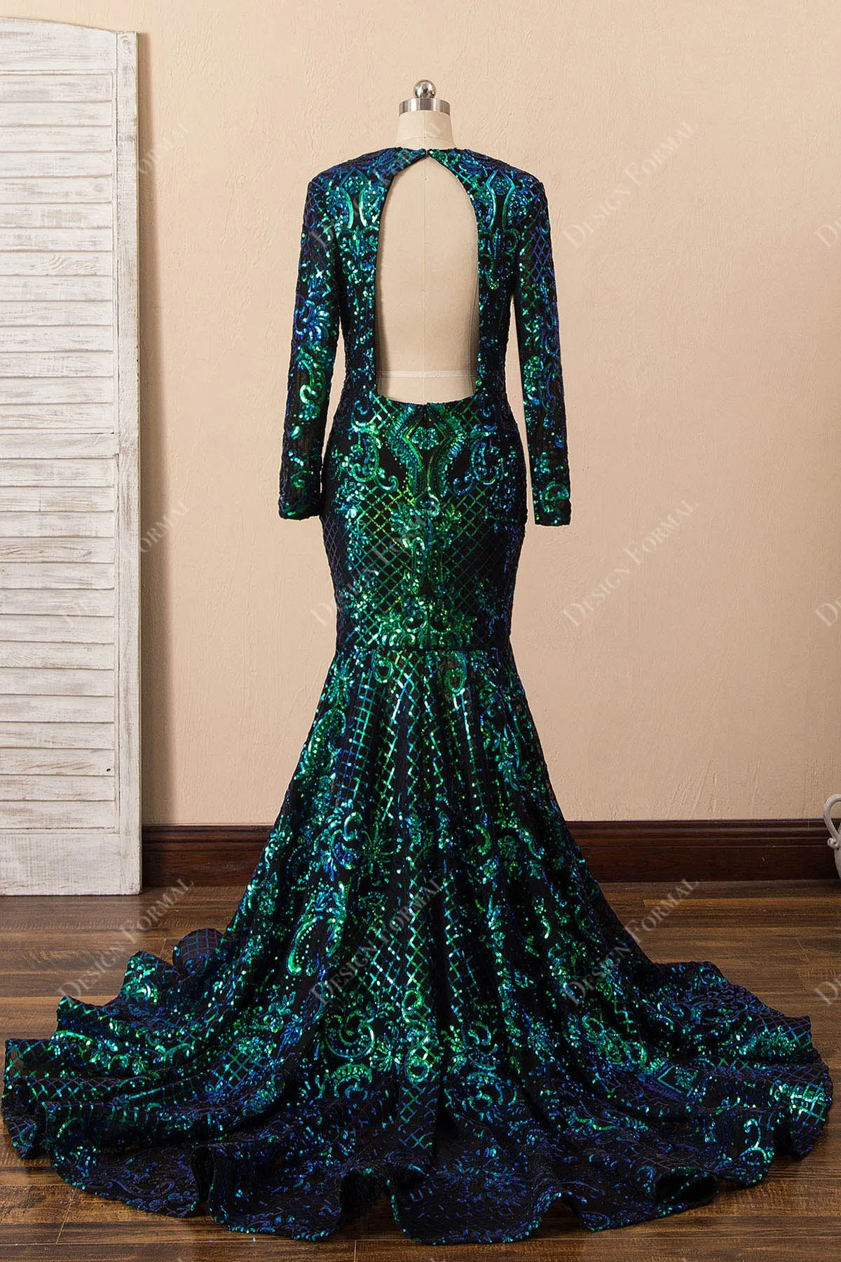 Unique Iridescent Green Sequin Long Sleeve Mermaid Prom Dress