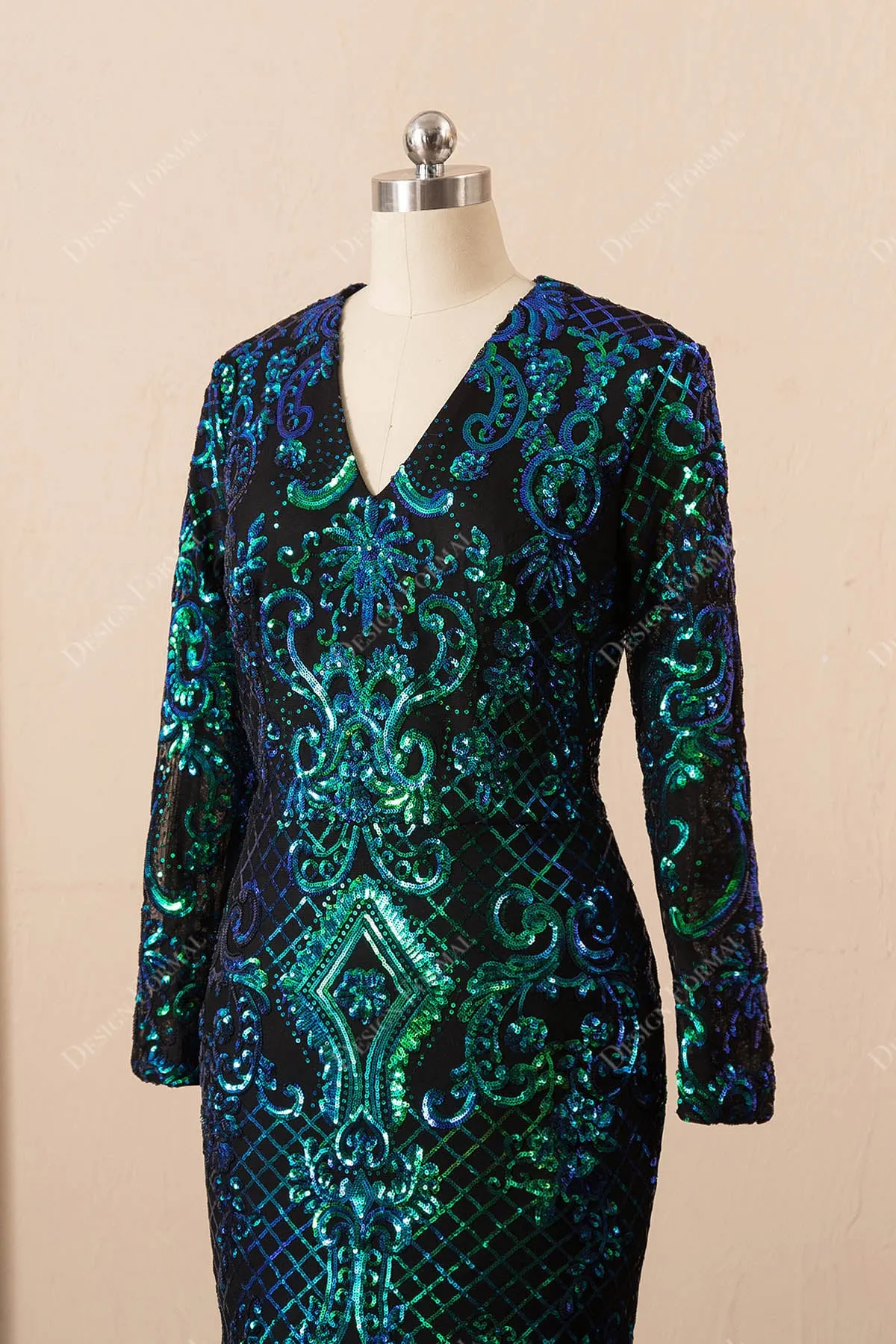 Unique Iridescent Green Sequin Long Sleeve Mermaid Prom Dress