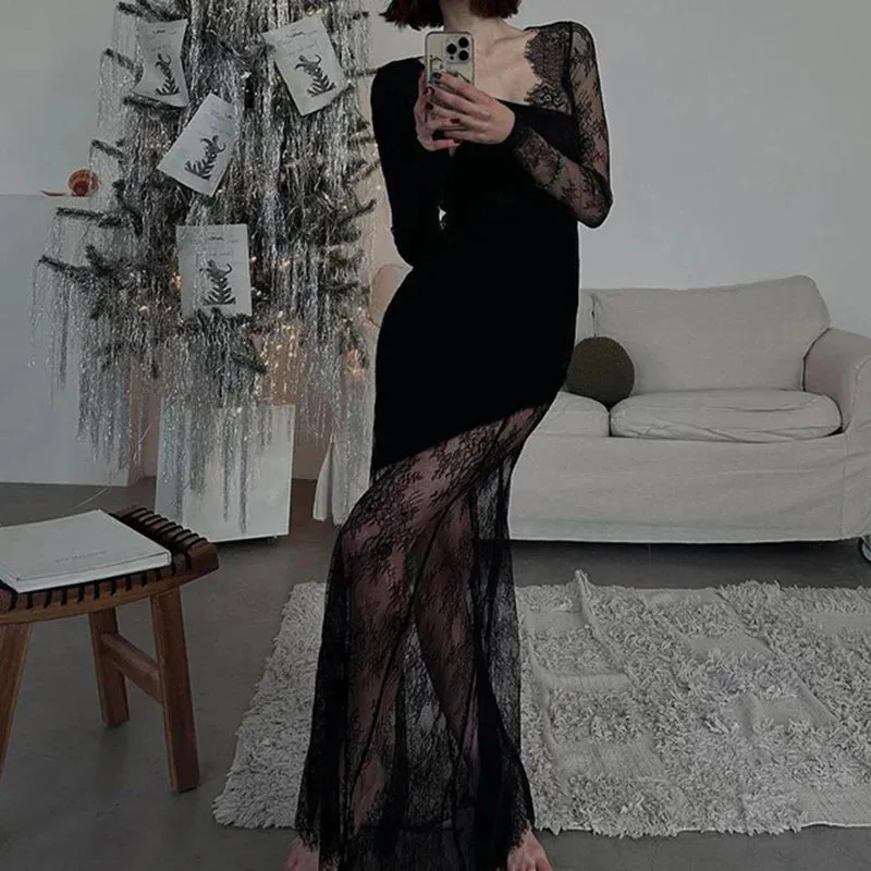 Uniwim Elegant Asymmetrical Black Sexy Lace Dress