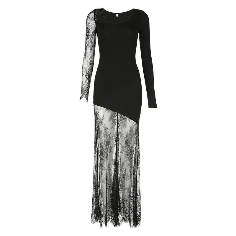 Uniwim Elegant Asymmetrical Black Sexy Lace Dress