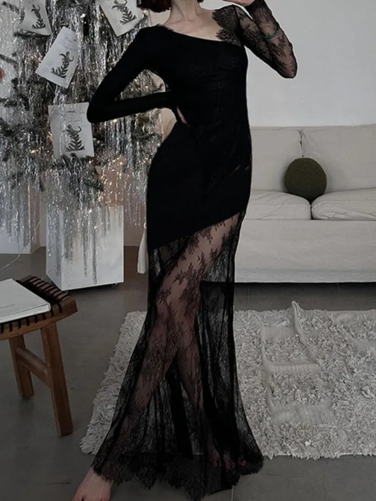 Uniwim Elegant Asymmetrical Black Sexy Lace Dress