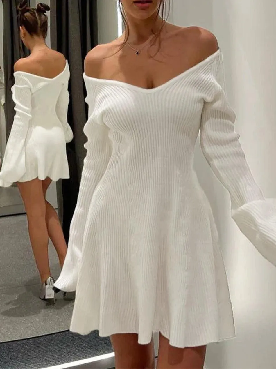 Solid V-Neck Ribbed A-Line Knit Mini Dress by Uniwim