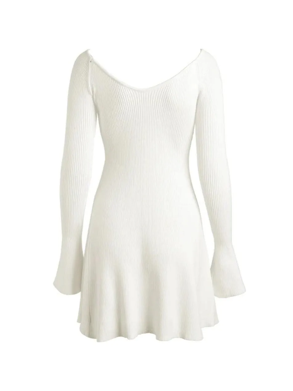 Solid V-Neck Ribbed A-Line Knit Mini Dress by Uniwim