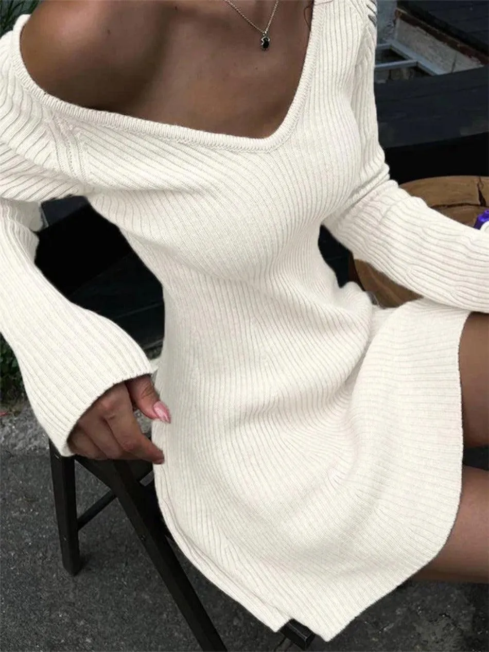 Solid V-Neck Ribbed A-Line Knit Mini Dress by Uniwim