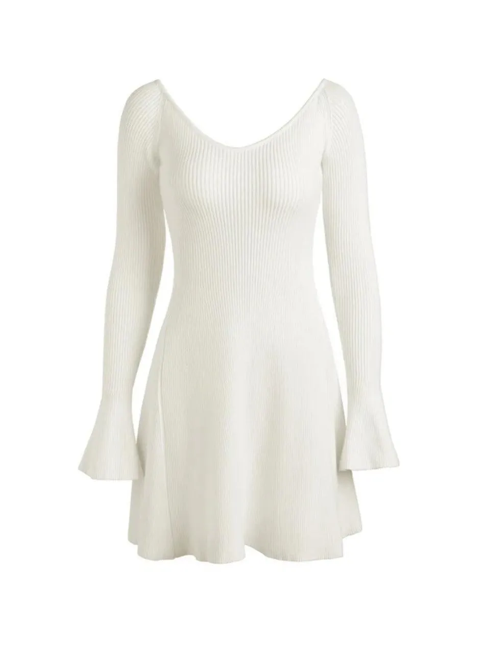 Solid V-Neck Ribbed A-Line Knit Mini Dress by Uniwim