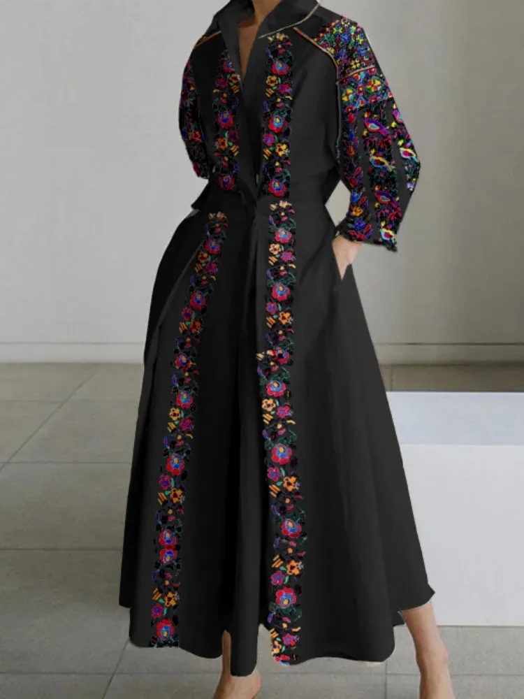 Vintage Cotton Linen Dresses Women Summer Elegant Lapel Oil Painting Button Midi Dress Vestidos Streetwear Party Vestido