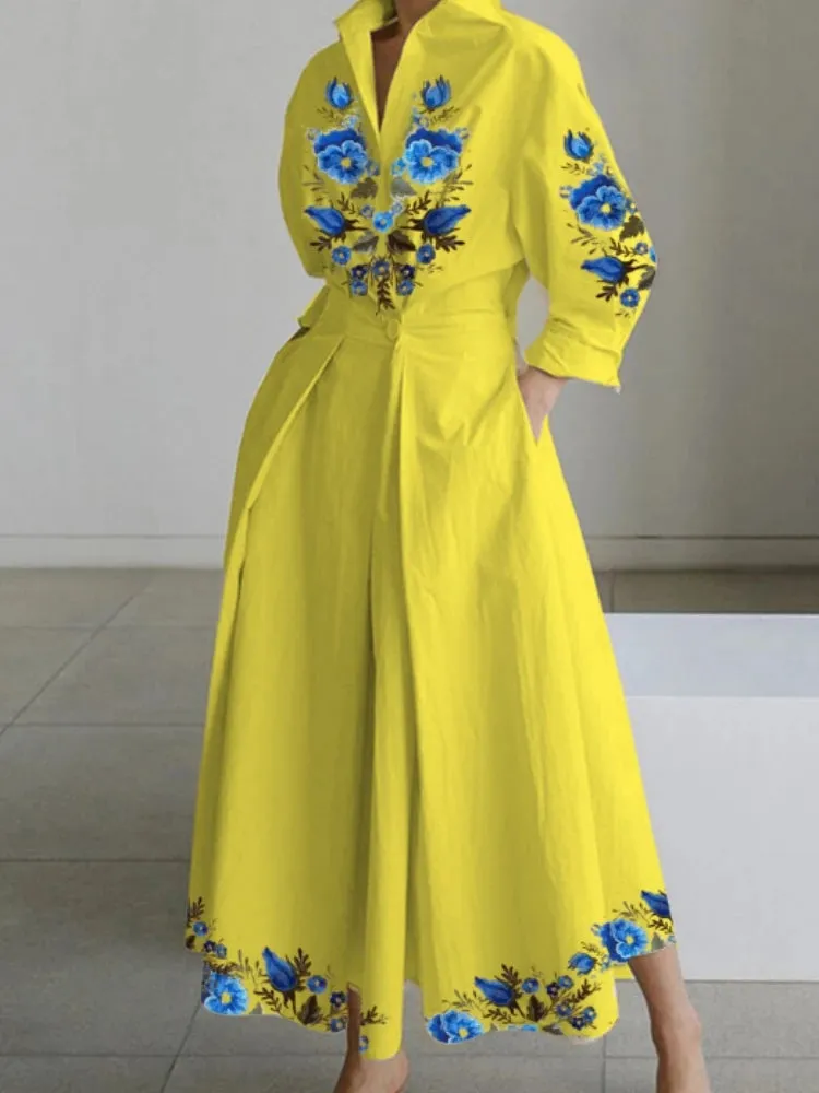 Vintage Cotton Linen Dresses Women Summer Elegant Lapel Oil Painting Button Midi Dress Vestidos Streetwear Party Vestido