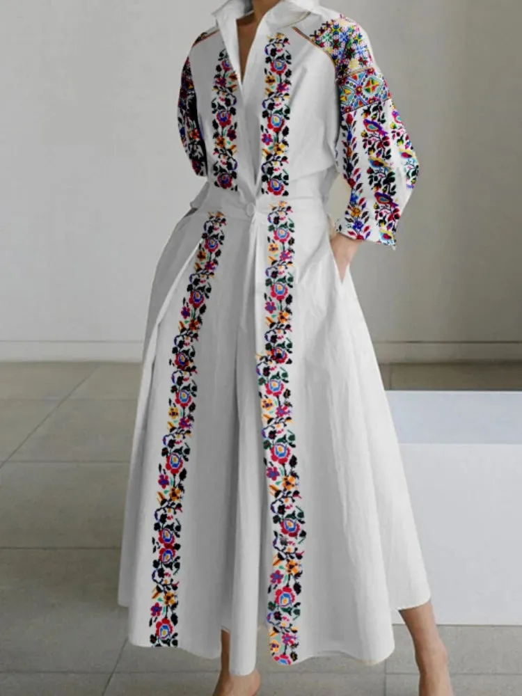 Vintage Cotton Linen Dresses Women Summer Elegant Lapel Oil Painting Button Midi Dress Vestidos Streetwear Party Vestido