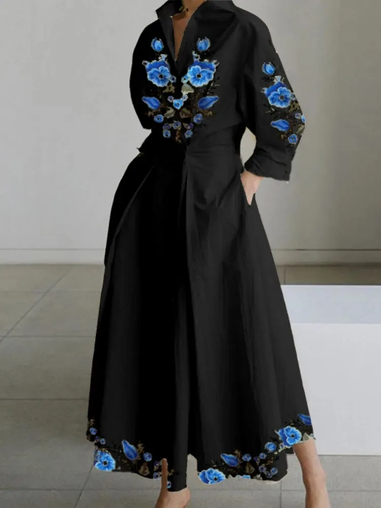 Vintage Cotton Linen Dresses Women Summer Elegant Lapel Oil Painting Button Midi Dress Vestidos Streetwear Party Vestido