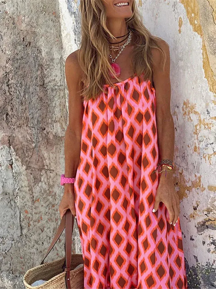 Vintage Long Dress Women Summer Sleeveless Sexy Off Shoulder Sling Dress Ladies  Backless Summer Maxi Dress Boho Robe Femme