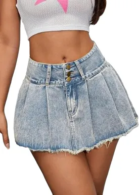 WDIRARA Women's Low Waist Button Pleated Hem A Line Raw Hem Mini Denim Skirt