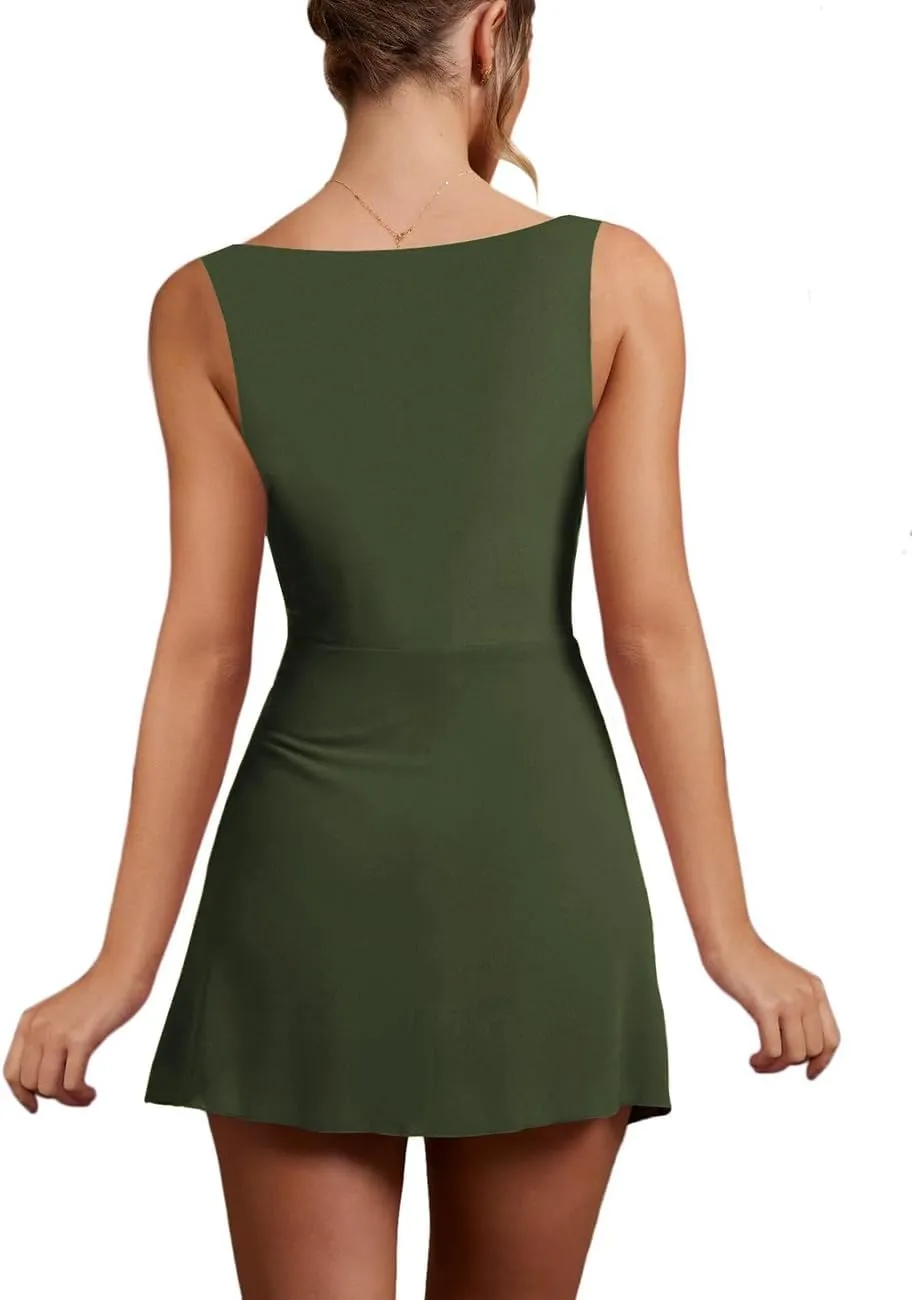 WISFRUIT Women's Sexy Square Neck Mini Dress Sleeveless Bodycon Ruched Split Party Club Short Tank Dresses