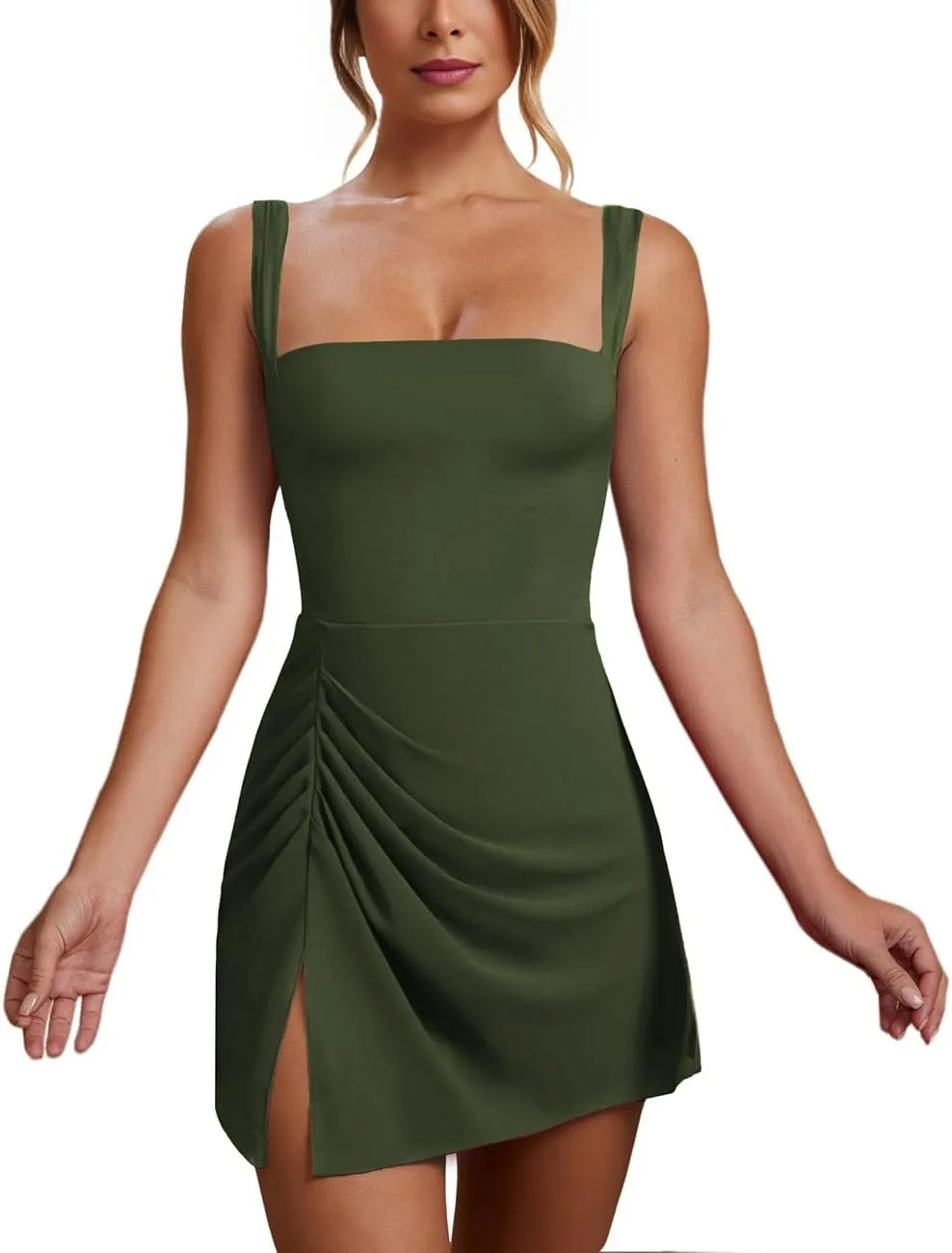 WISFRUIT Women's Sexy Square Neck Mini Dress Sleeveless Bodycon Ruched Split Party Club Short Tank Dresses