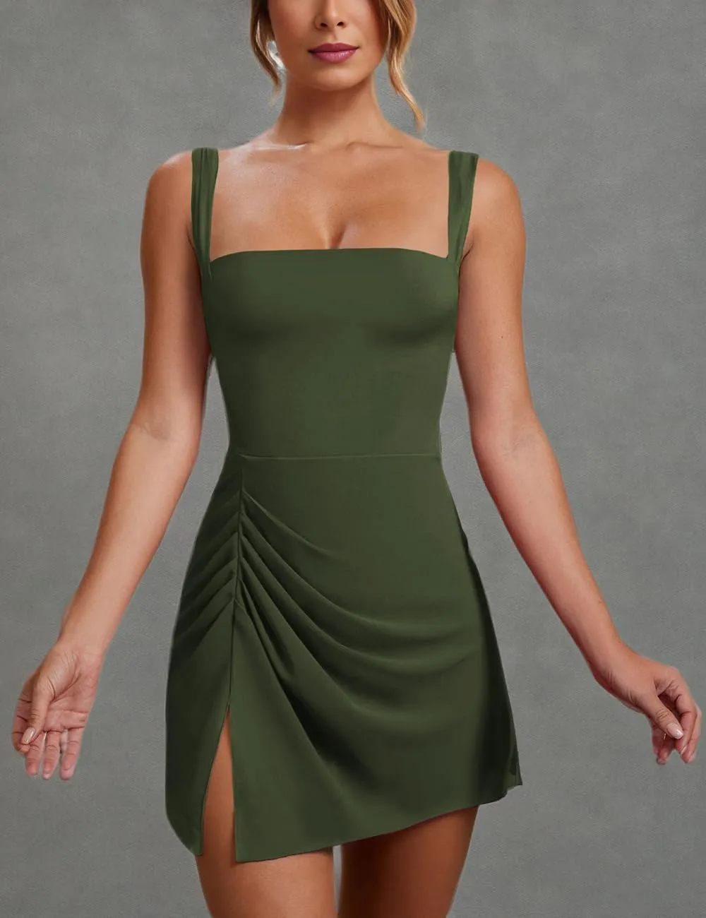 WISFRUIT Women's Sexy Square Neck Mini Dress Sleeveless Bodycon Ruched Split Party Club Short Tank Dresses