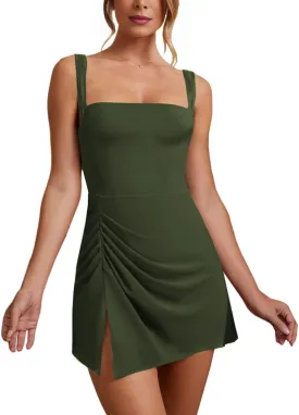 WISFRUIT Women's Sexy Square Neck Mini Dress Sleeveless Bodycon Ruched Split Party Club Short Tank Dresses