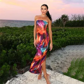 Women Clothing Color Blooming Printed Tube Top Tight Maxi Dress Slim Fit