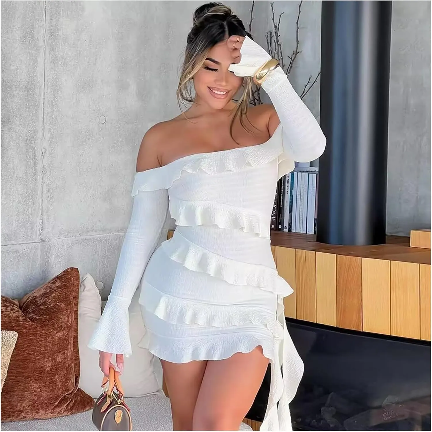 Women Sexy Bodycon Mini Dress Off The Shoulder Ruffle Dress Flounce Party Cocktail Short Dresses
