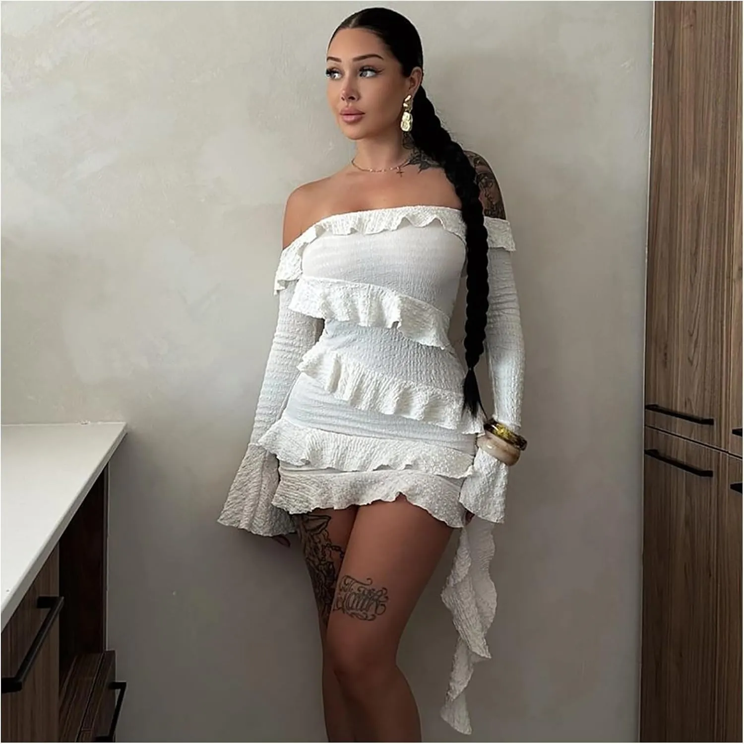 Women Sexy Bodycon Mini Dress Off The Shoulder Ruffle Dress Flounce Party Cocktail Short Dresses