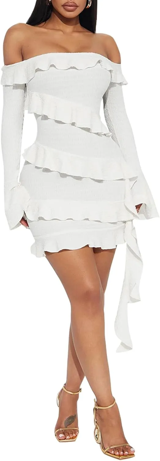 Women Sexy Bodycon Mini Dress Off The Shoulder Ruffle Dress Flounce Party Cocktail Short Dresses