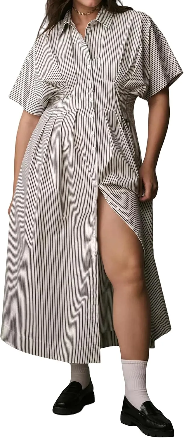 Women Striped Button Down Shirt Maxi Dresses Summer Pleated Short Sleeve Collar Casual Corset Long Dress