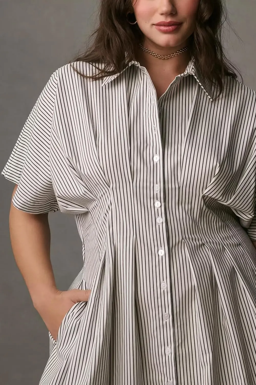Women Striped Button Down Shirt Maxi Dresses Summer Pleated Short Sleeve Collar Casual Corset Long Dress