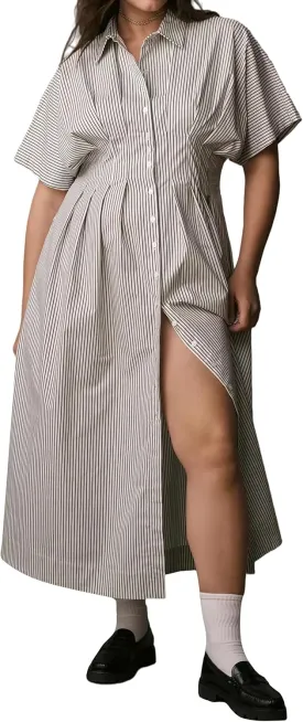 Women Striped Button Down Shirt Maxi Dresses Summer Pleated Short Sleeve Collar Casual Corset Long Dress