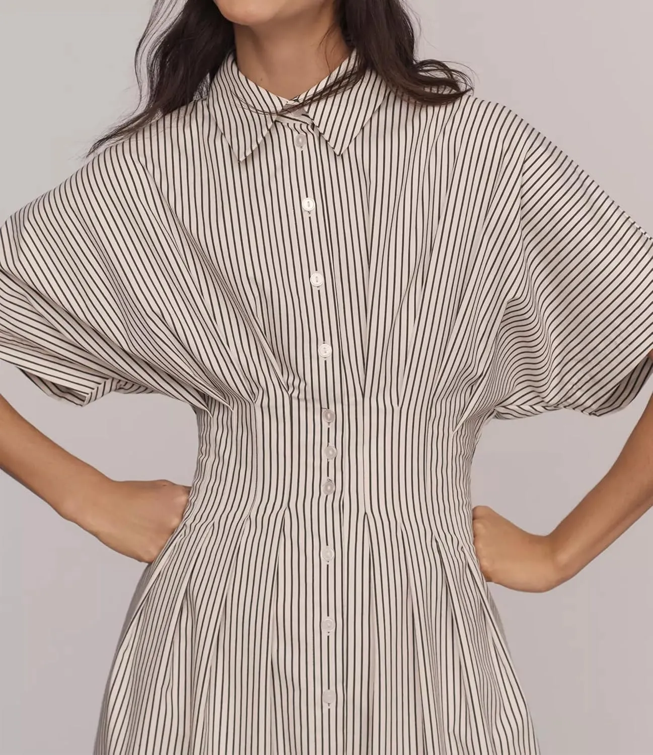 Women Striped Button Down Shirt Maxi Dresses Summer Pleated Short Sleeve Collar Casual Corset Long Dress