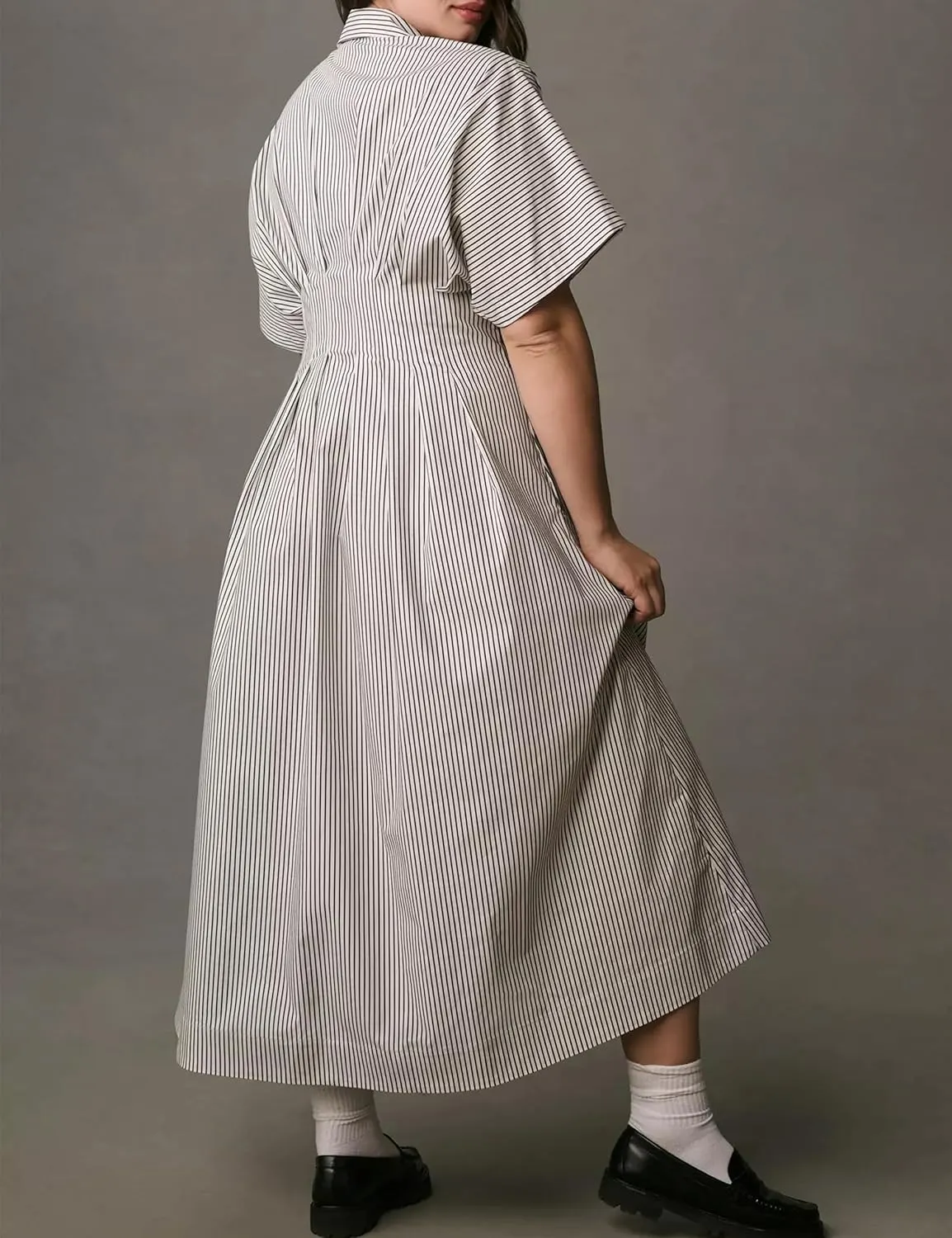 Women Striped Button Down Shirt Maxi Dresses Summer Pleated Short Sleeve Collar Casual Corset Long Dress