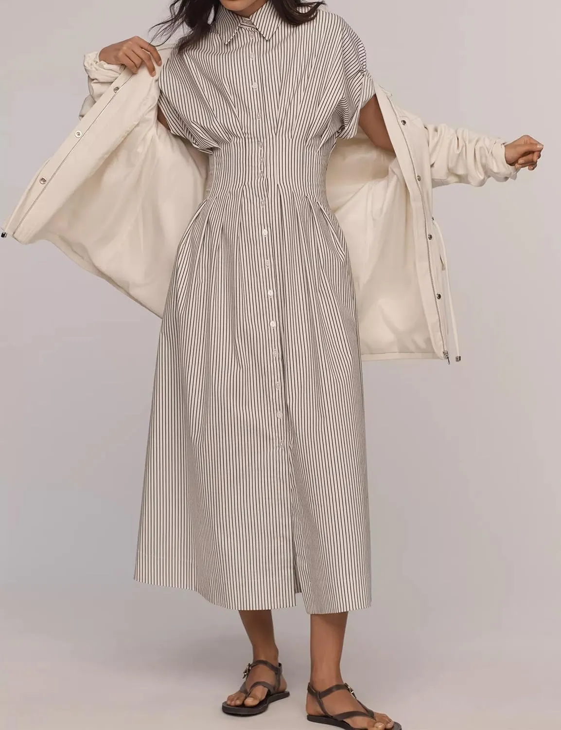 Women Striped Button Down Shirt Maxi Dresses Summer Pleated Short Sleeve Collar Casual Corset Long Dress