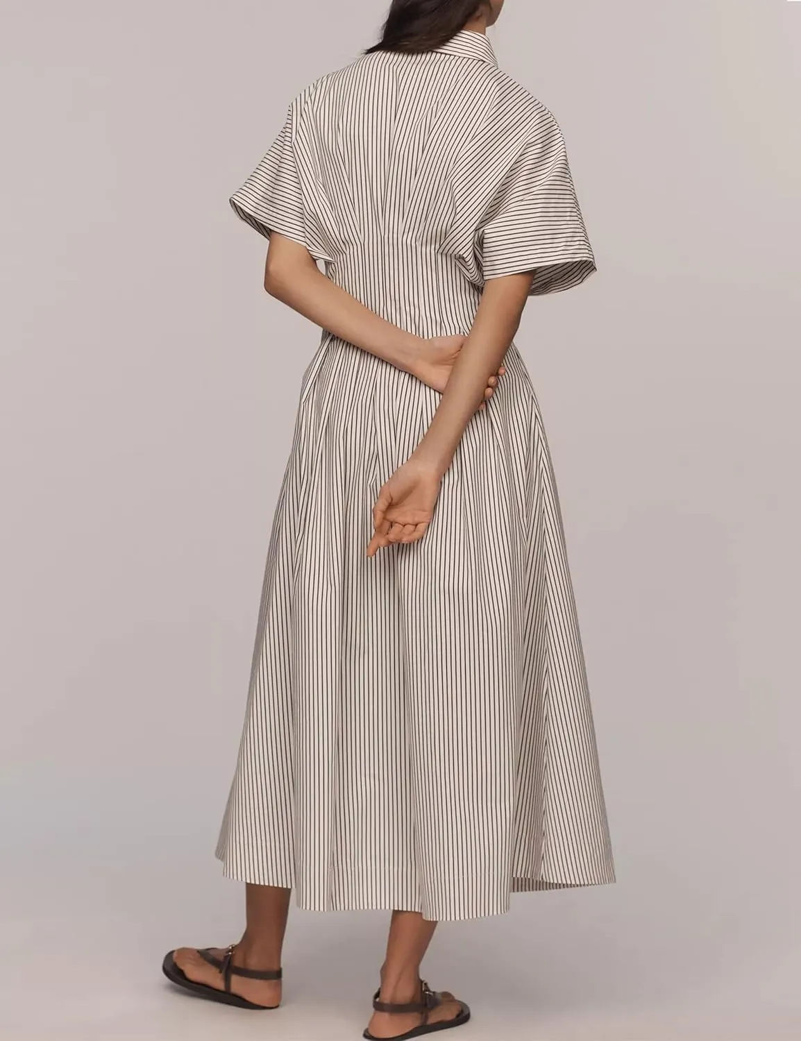 Women Striped Button Down Shirt Maxi Dresses Summer Pleated Short Sleeve Collar Casual Corset Long Dress