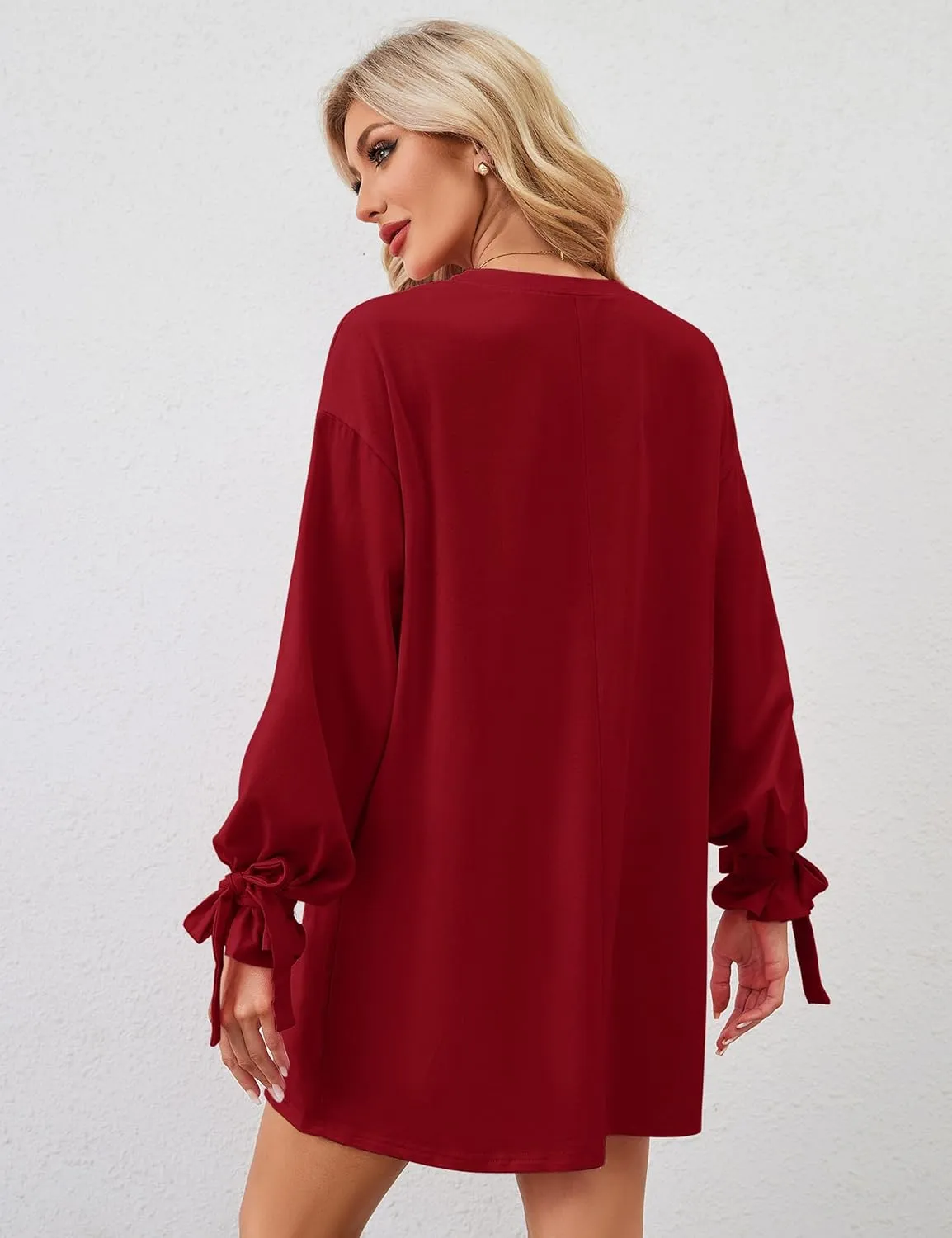 Women's Bow Tie Print Mini Dress Loose Lace Up Knot Long Sleeve Mini Dresses Crew Neck Tunic Shirt Short Dress