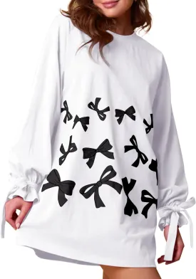 Women's Bow Tie Print Mini Dress Loose Lace Up Knot Long Sleeve Mini Dresses Crew Neck Tunic Shirt Short Dress