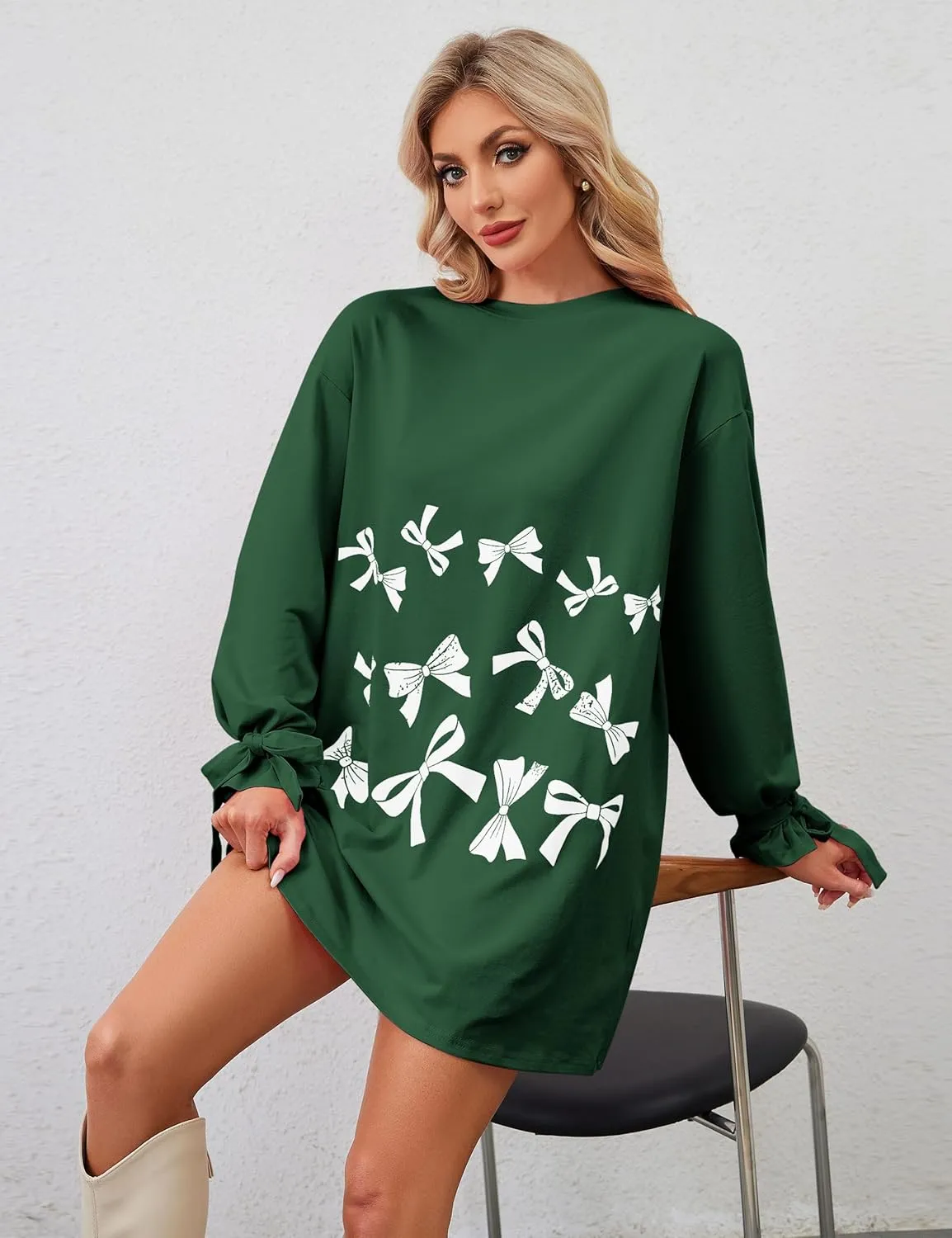 Women's Bow Tie Print Mini Dress Loose Lace Up Knot Long Sleeve Mini Dresses Crew Neck Tunic Shirt Short Dress