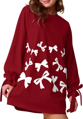 Women's Bow Tie Print Mini Dress Loose Lace Up Knot Long Sleeve Mini Dresses Crew Neck Tunic Shirt Short Dress