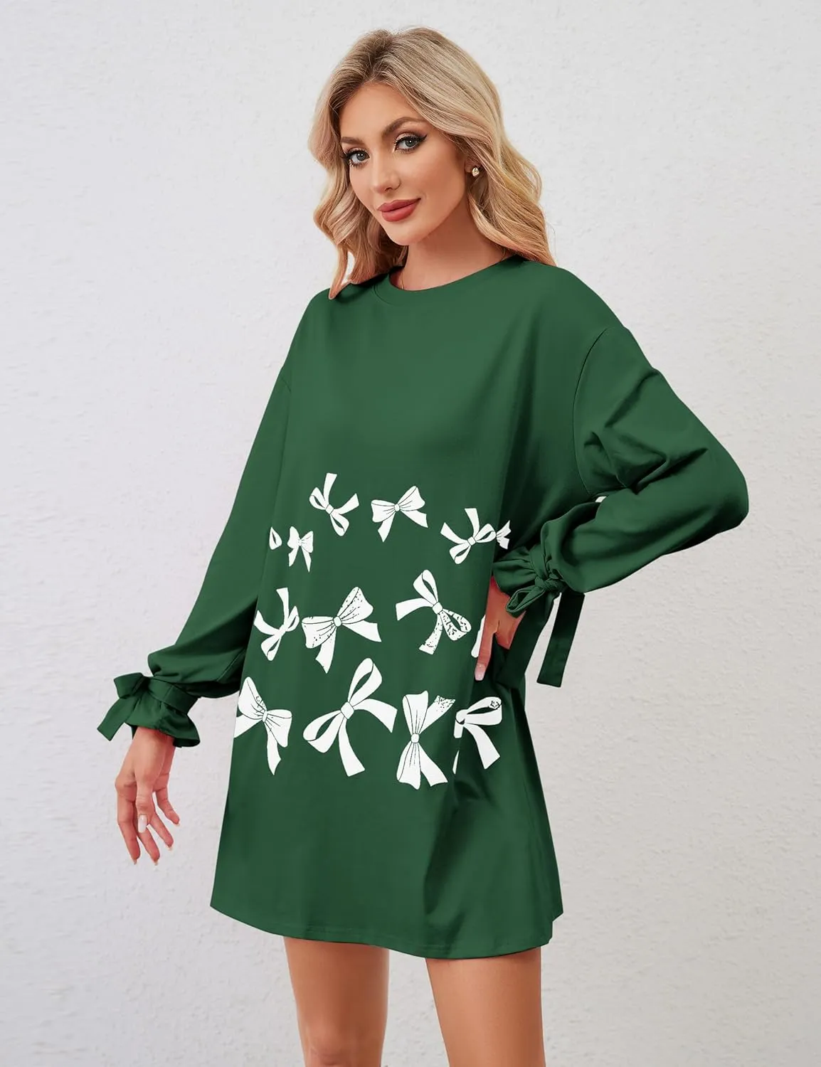 Women's Bow Tie Print Mini Dress Loose Lace Up Knot Long Sleeve Mini Dresses Crew Neck Tunic Shirt Short Dress