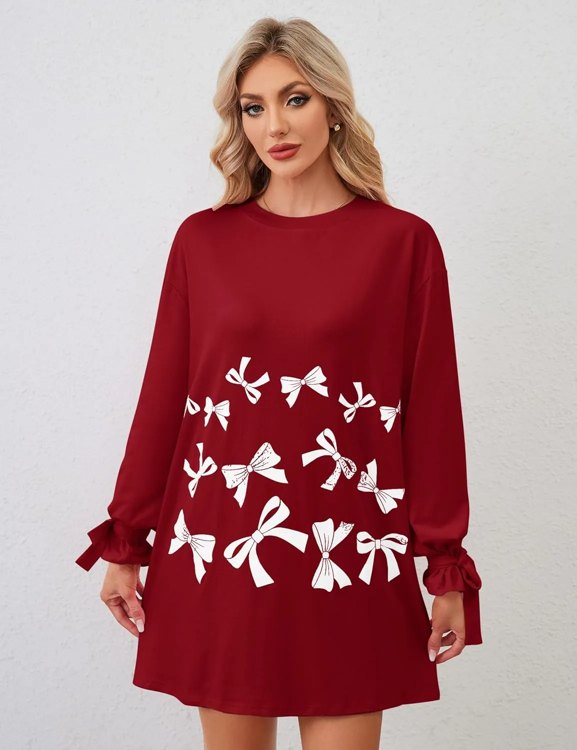 Women's Bow Tie Print Mini Dress Loose Lace Up Knot Long Sleeve Mini Dresses Crew Neck Tunic Shirt Short Dress