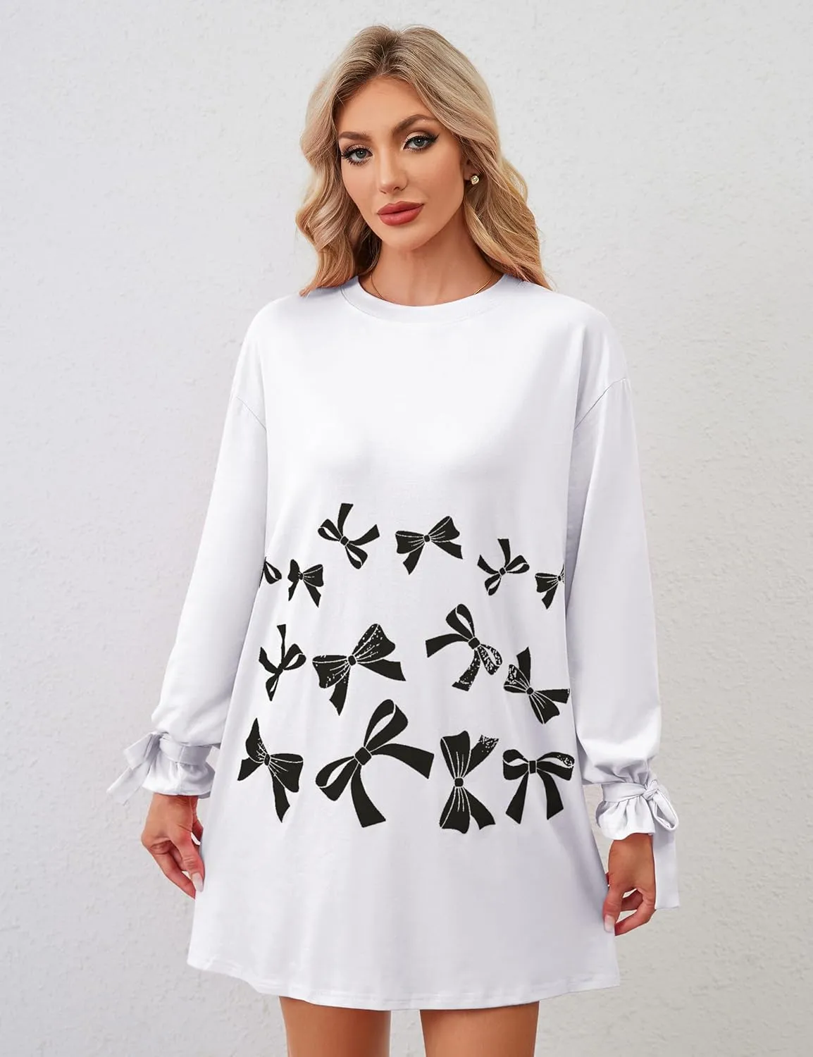 Women's Bow Tie Print Mini Dress Loose Lace Up Knot Long Sleeve Mini Dresses Crew Neck Tunic Shirt Short Dress