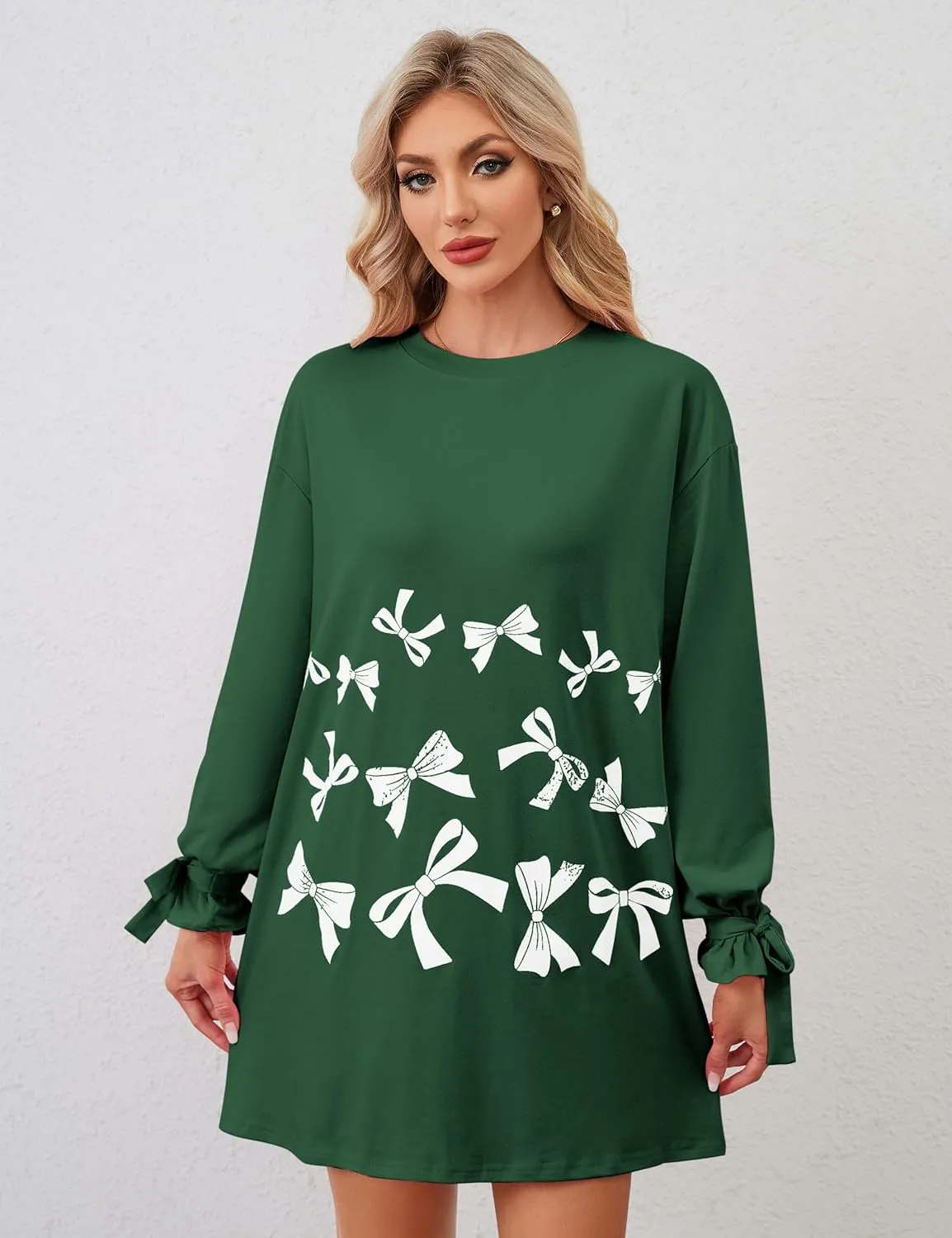 Women's Bow Tie Print Mini Dress Loose Lace Up Knot Long Sleeve Mini Dresses Crew Neck Tunic Shirt Short Dress