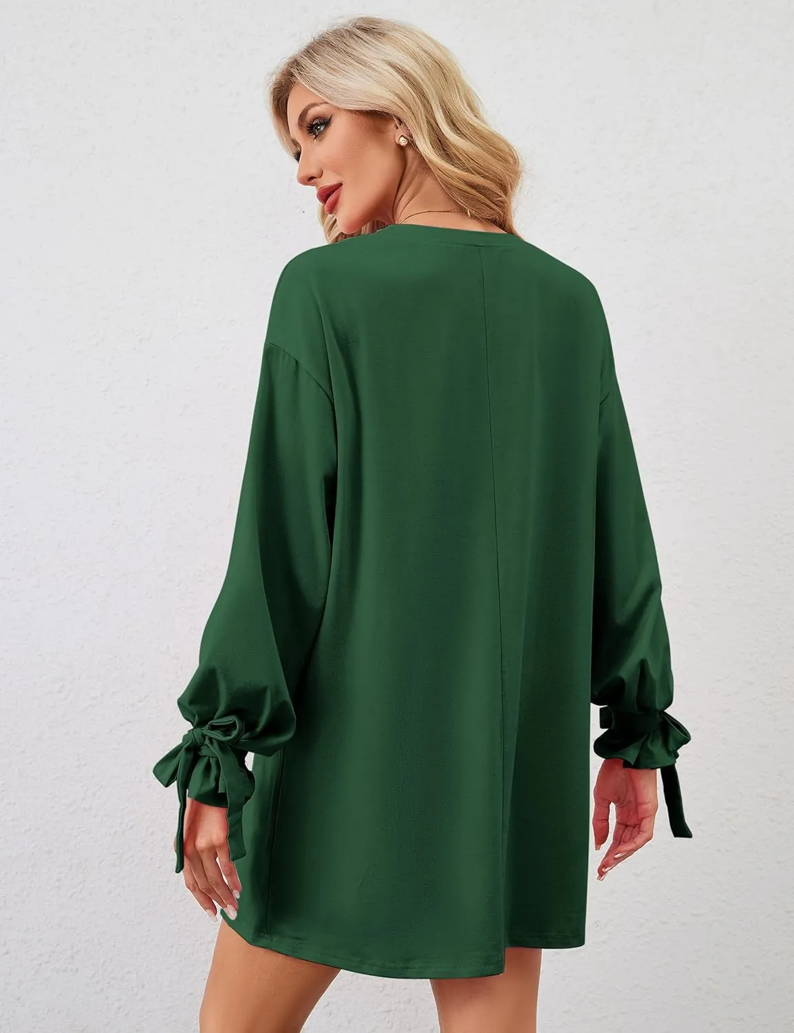 Women's Bow Tie Print Mini Dress Loose Lace Up Knot Long Sleeve Mini Dresses Crew Neck Tunic Shirt Short Dress