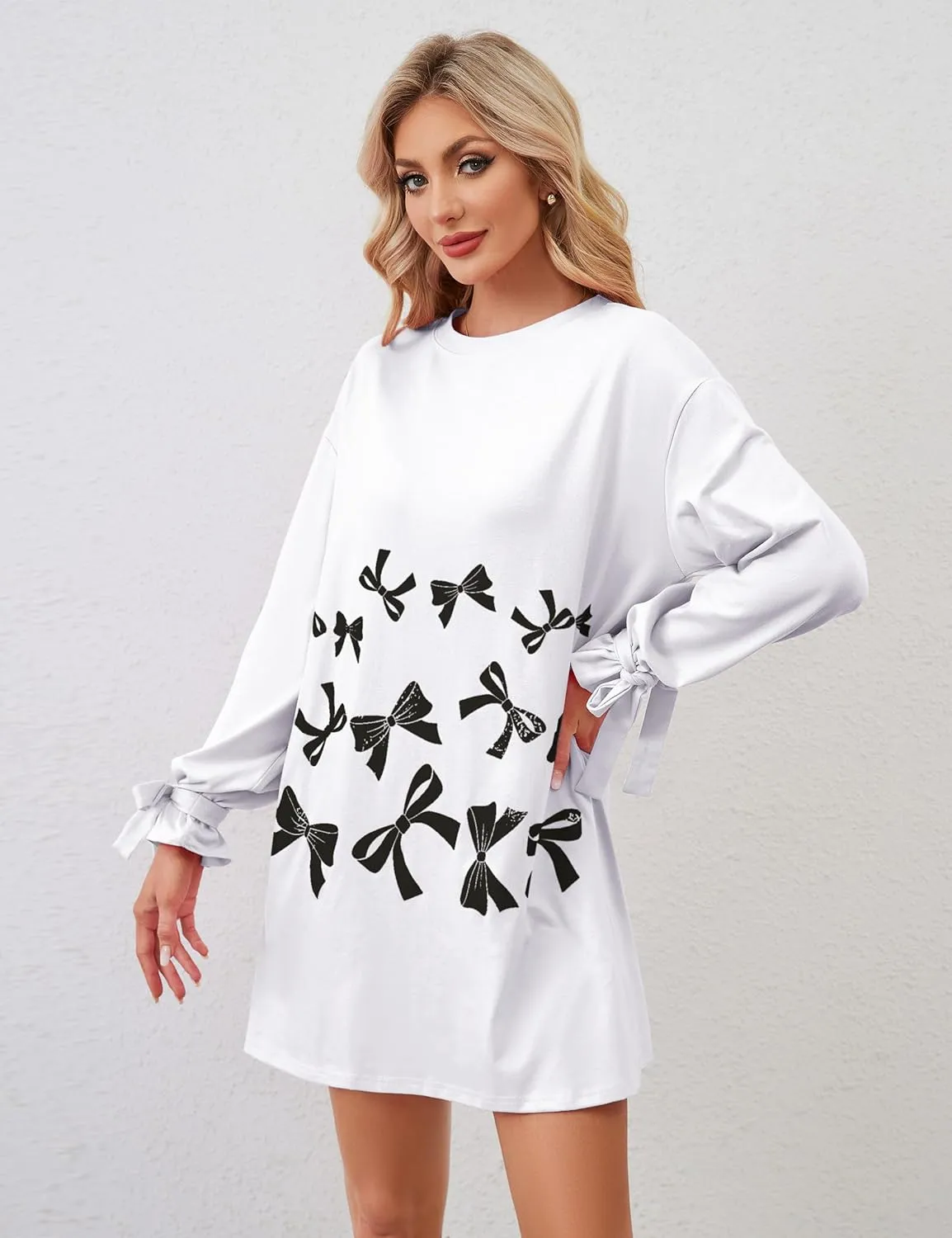 Women's Bow Tie Print Mini Dress Loose Lace Up Knot Long Sleeve Mini Dresses Crew Neck Tunic Shirt Short Dress