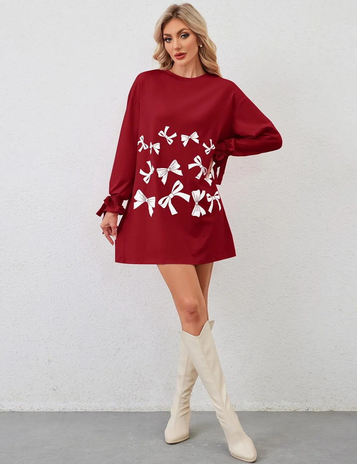 Women's Bow Tie Print Mini Dress Loose Lace Up Knot Long Sleeve Mini Dresses Crew Neck Tunic Shirt Short Dress