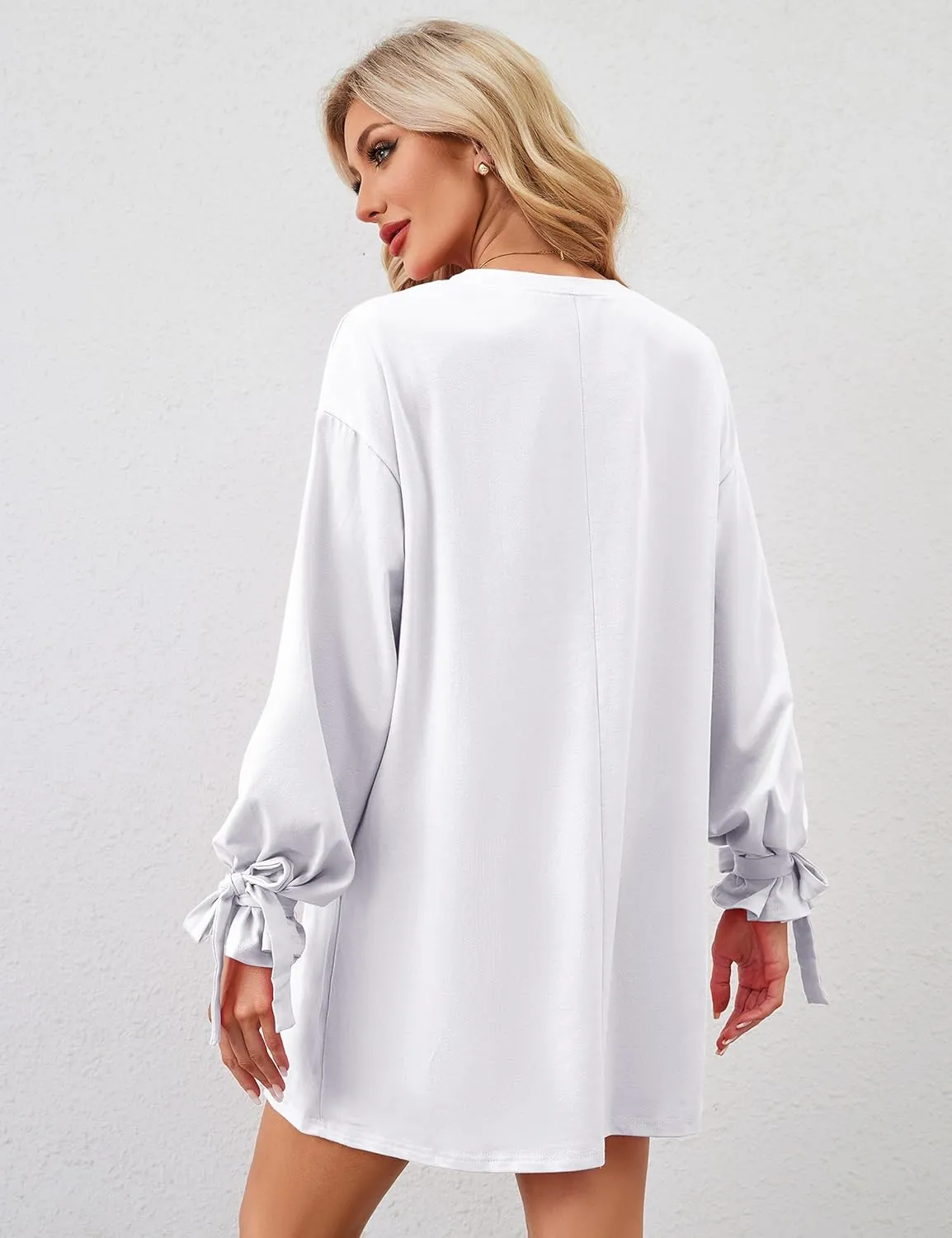 Women's Bow Tie Print Mini Dress Loose Lace Up Knot Long Sleeve Mini Dresses Crew Neck Tunic Shirt Short Dress