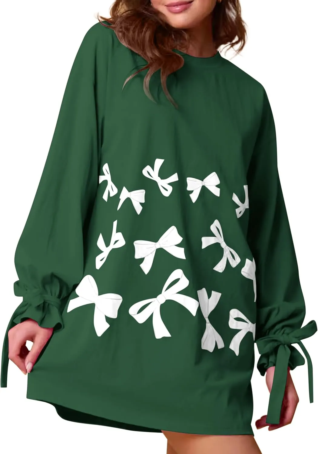 Women's Bow Tie Print Mini Dress Loose Lace Up Knot Long Sleeve Mini Dresses Crew Neck Tunic Shirt Short Dress
